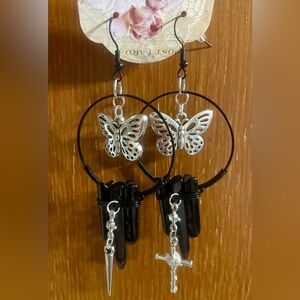 Silver Butterfly and Black Hoop Earrings